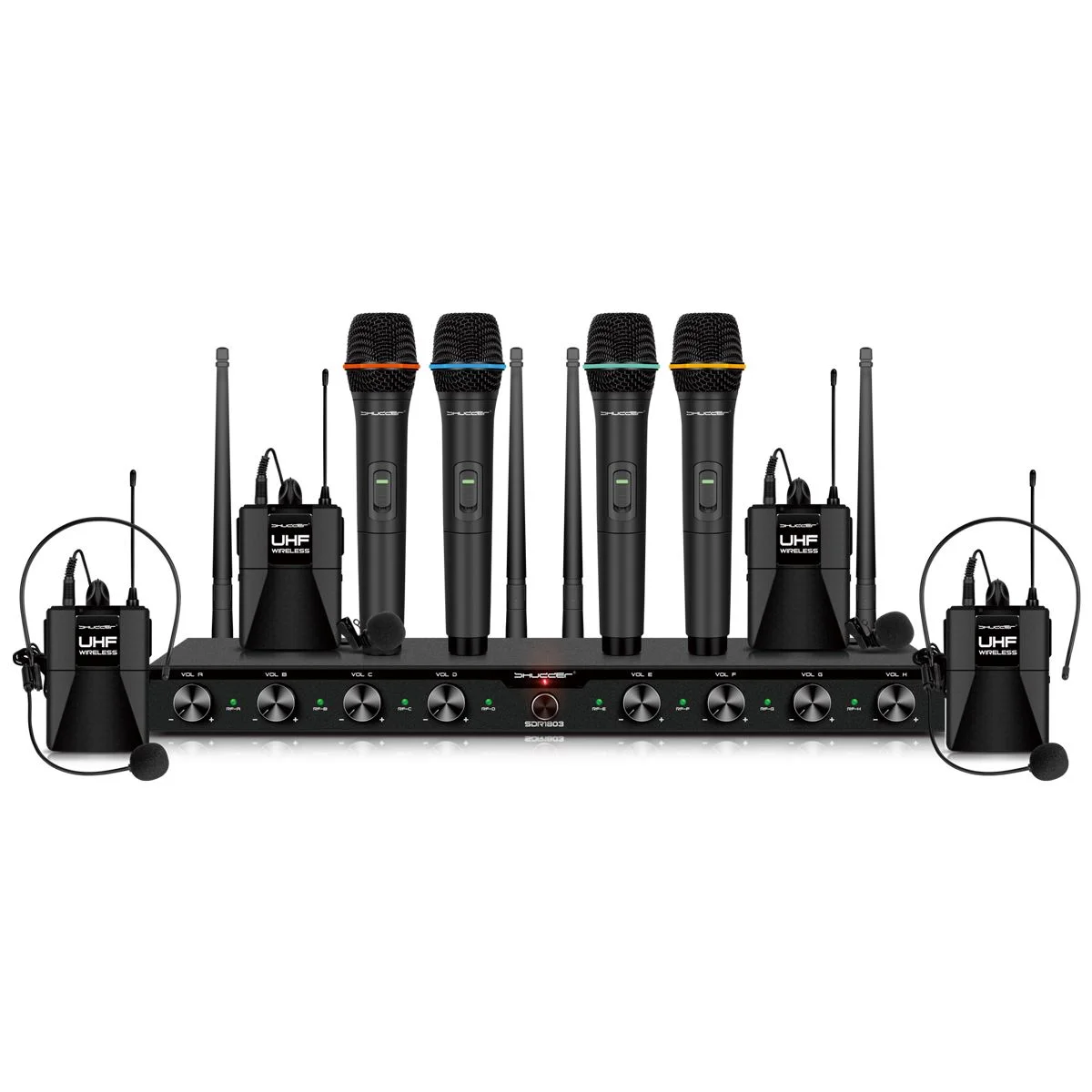 Mikrofony bezprzewodowe 8 kanałowe Shudder SDR1083 4x mikrofony doręczne i 4x bodypack z akcesoriami